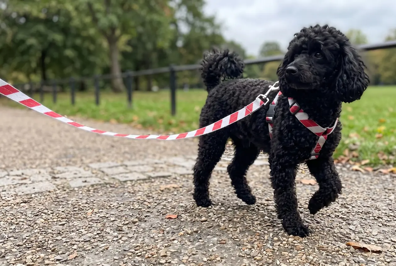 Black miniature poodle in a red and white Woof-White hazard harness and matching leash walking on a park path