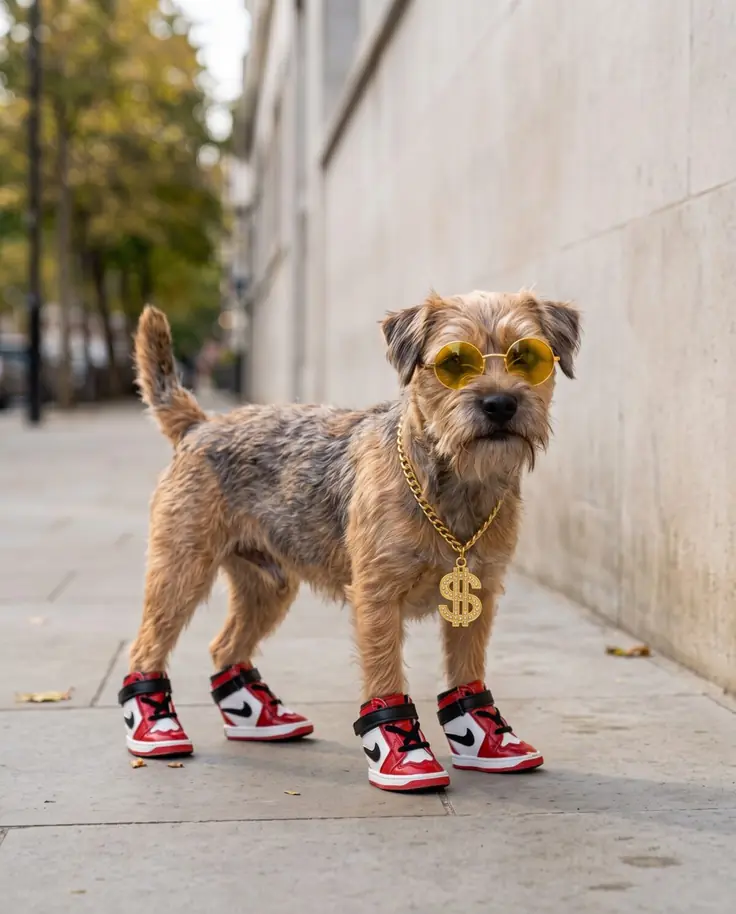 Small terrier in yellow round dog sunglasses, a gold dollar-sign chain and red Air Bud high-top dog sneakers