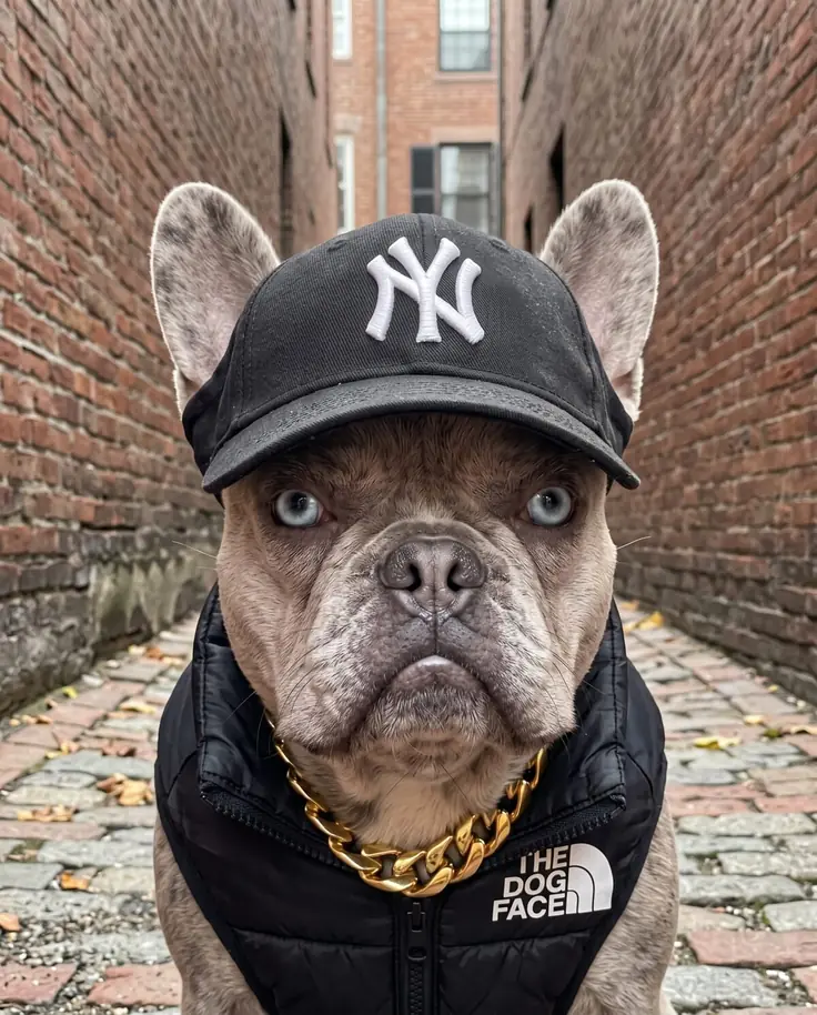 Lilac French bulldog wearing a black NY baseball cap for dogs and a gold chain in a brick alley