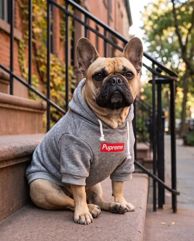 Fawn French bulldog in a heather grey Pupreme box logo dog hoodie on brownstone steps