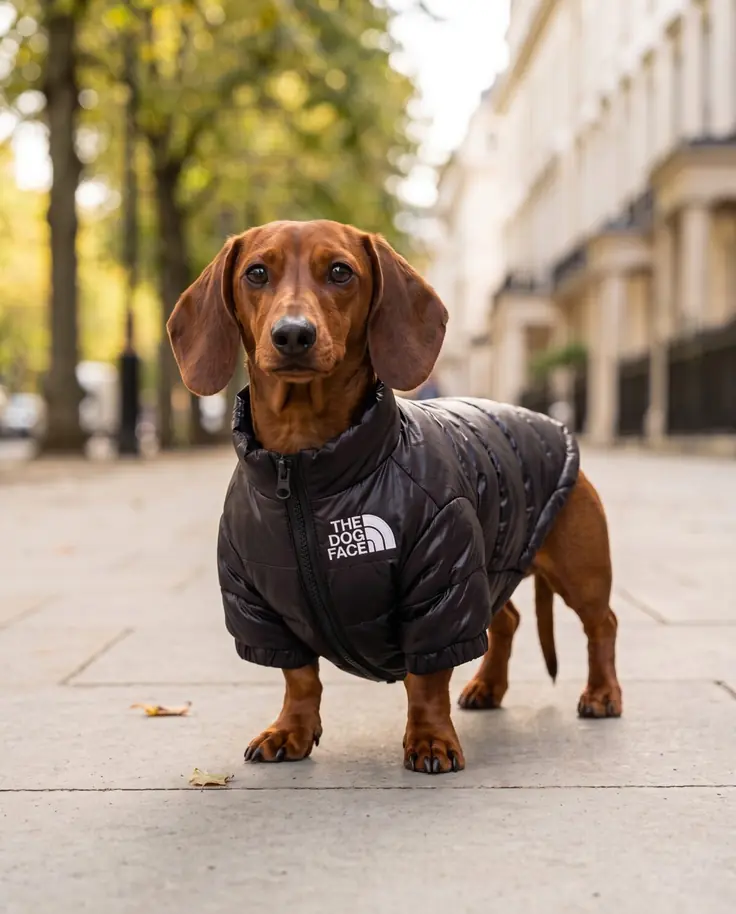 Miniature dachshund in a black TDF quilted puffer jacket for dogs on a tree-lined city pavement
