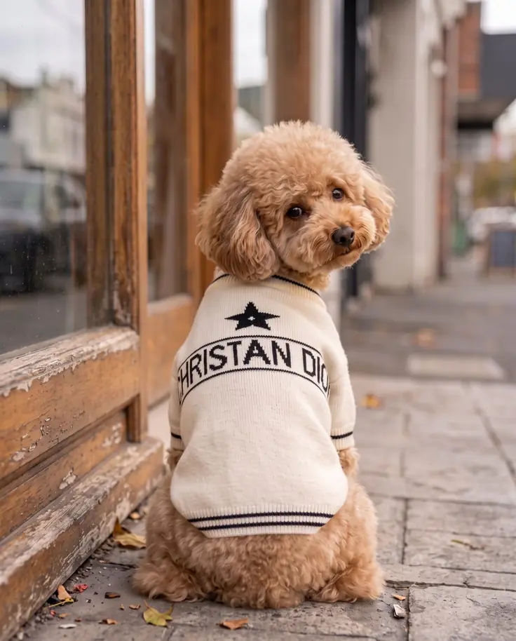 Apricot toy poodle in a cream Dogior knitted dog sweater outside a boutique