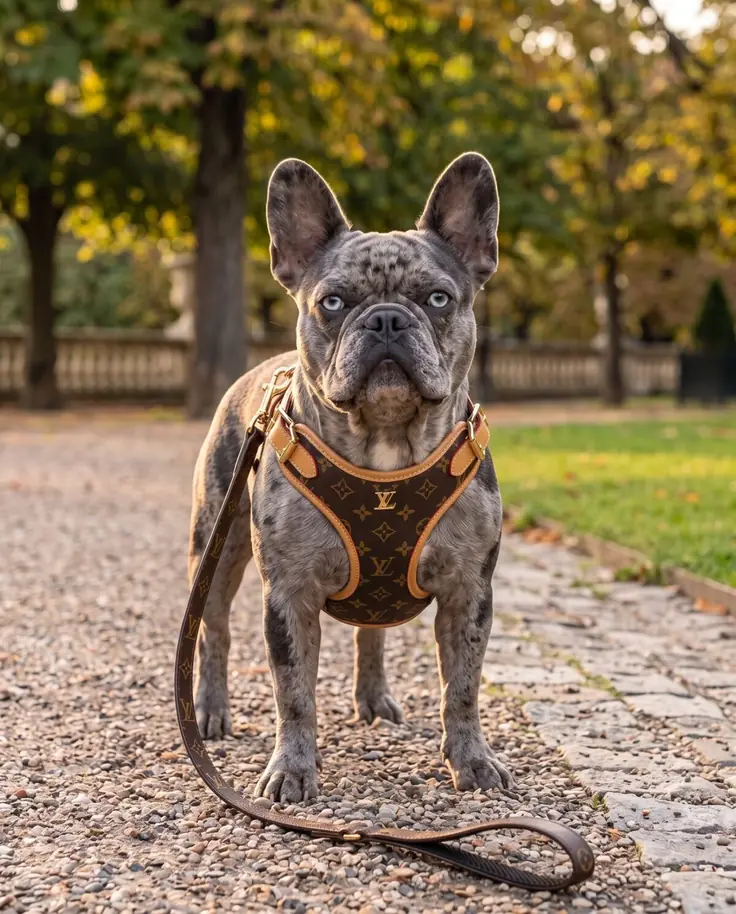 Blue merle French bulldog in a brown Chewy V monogram leather dog harness and matching leash on a park path