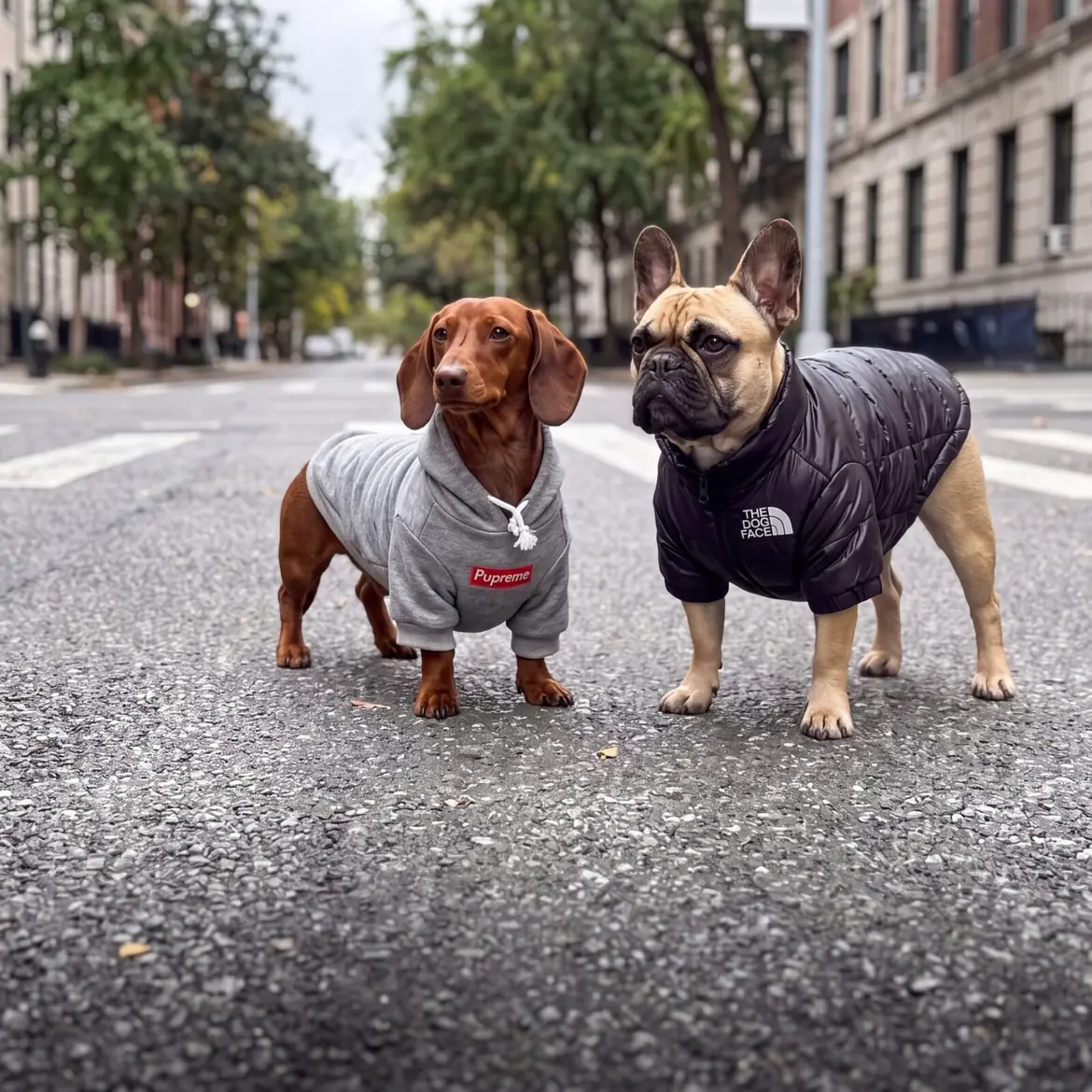 A miniature dachshund in a grey Pupreme hoodie and a French bulldog in a black puffer jacket standing on a quiet city street on an overcast autumn day