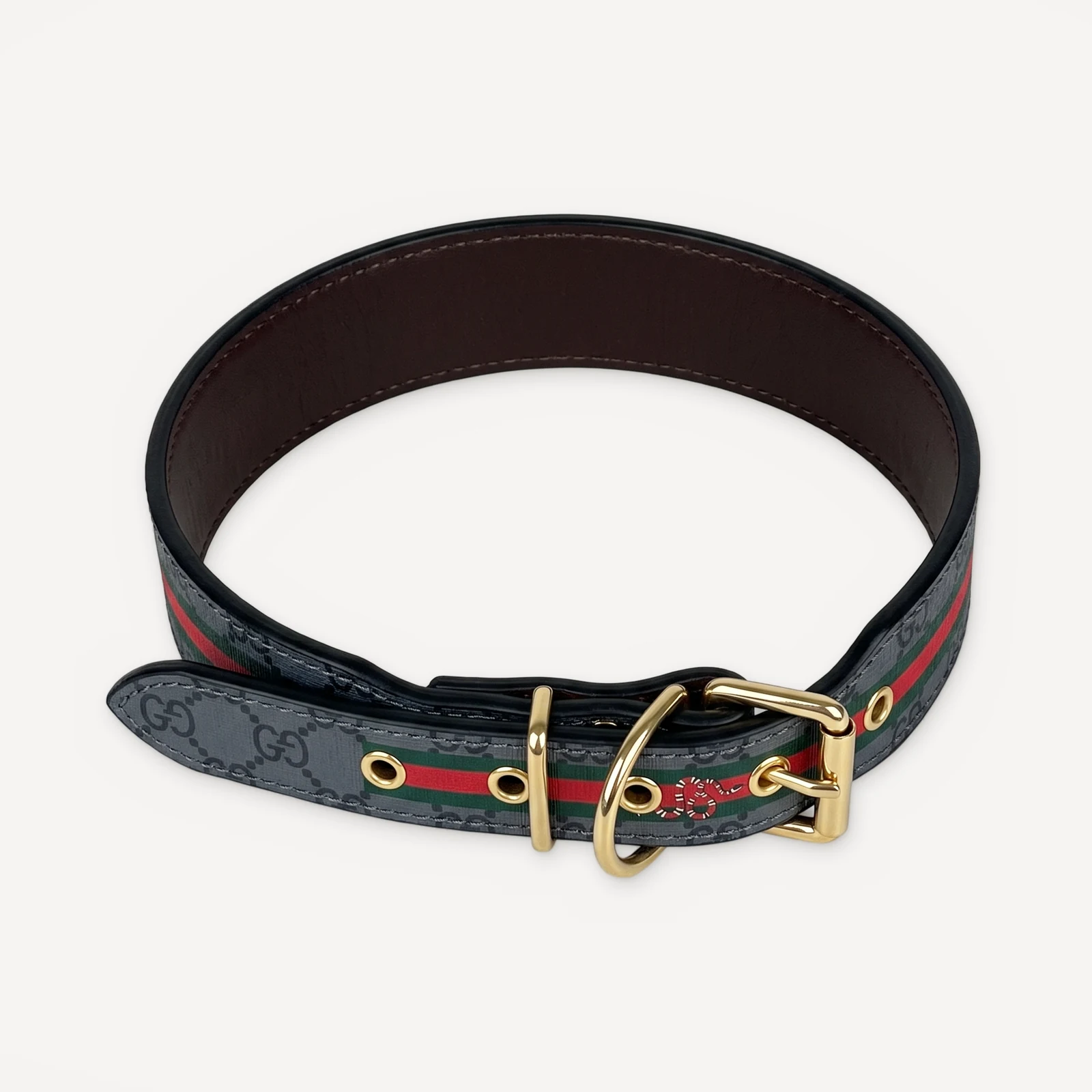 Grey Gucci inspired leather dog collar, Pawcci Gold Chain Leather Walking Set