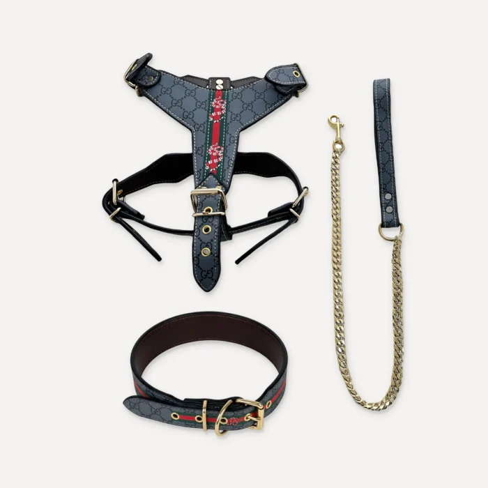 Grey Gucci inspired leather dog harness, collar and leash set, Pawcci Gold Chain Leather Walking Set