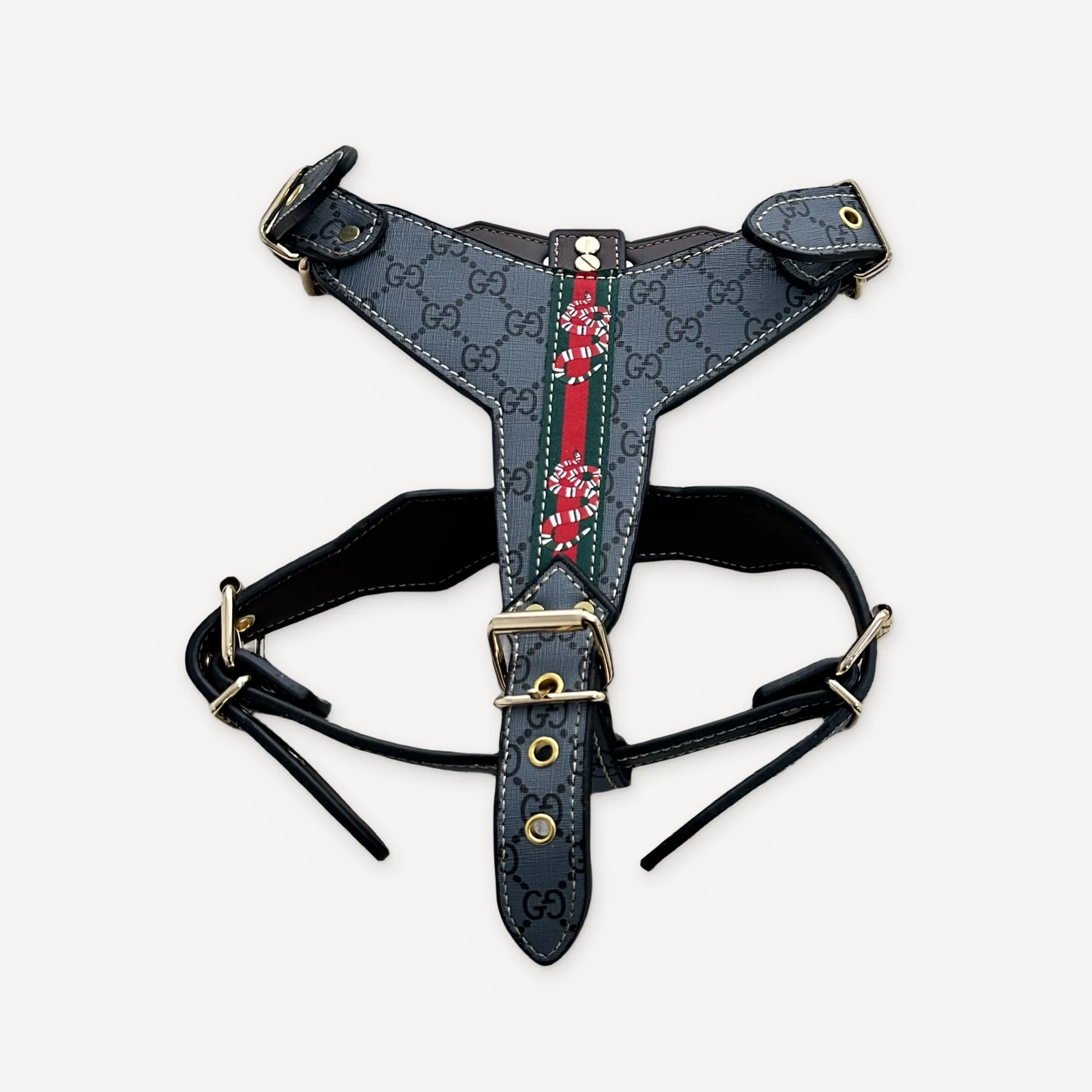 Grey Gucci inspired leather dog harness, Pawcci Gold Chain Leather Walking Set