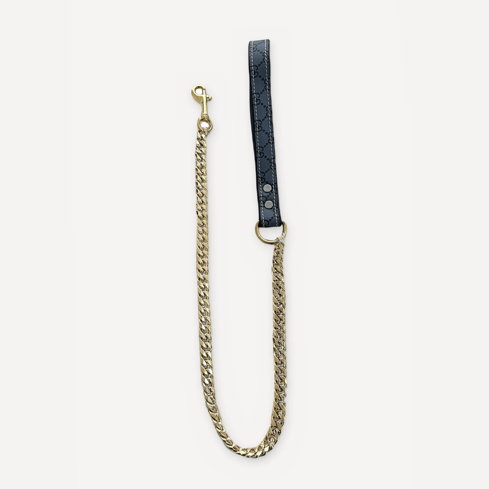 Grey Gucci inspired leather dog leash, Pawcci Gold Chain Leather Walking Set
