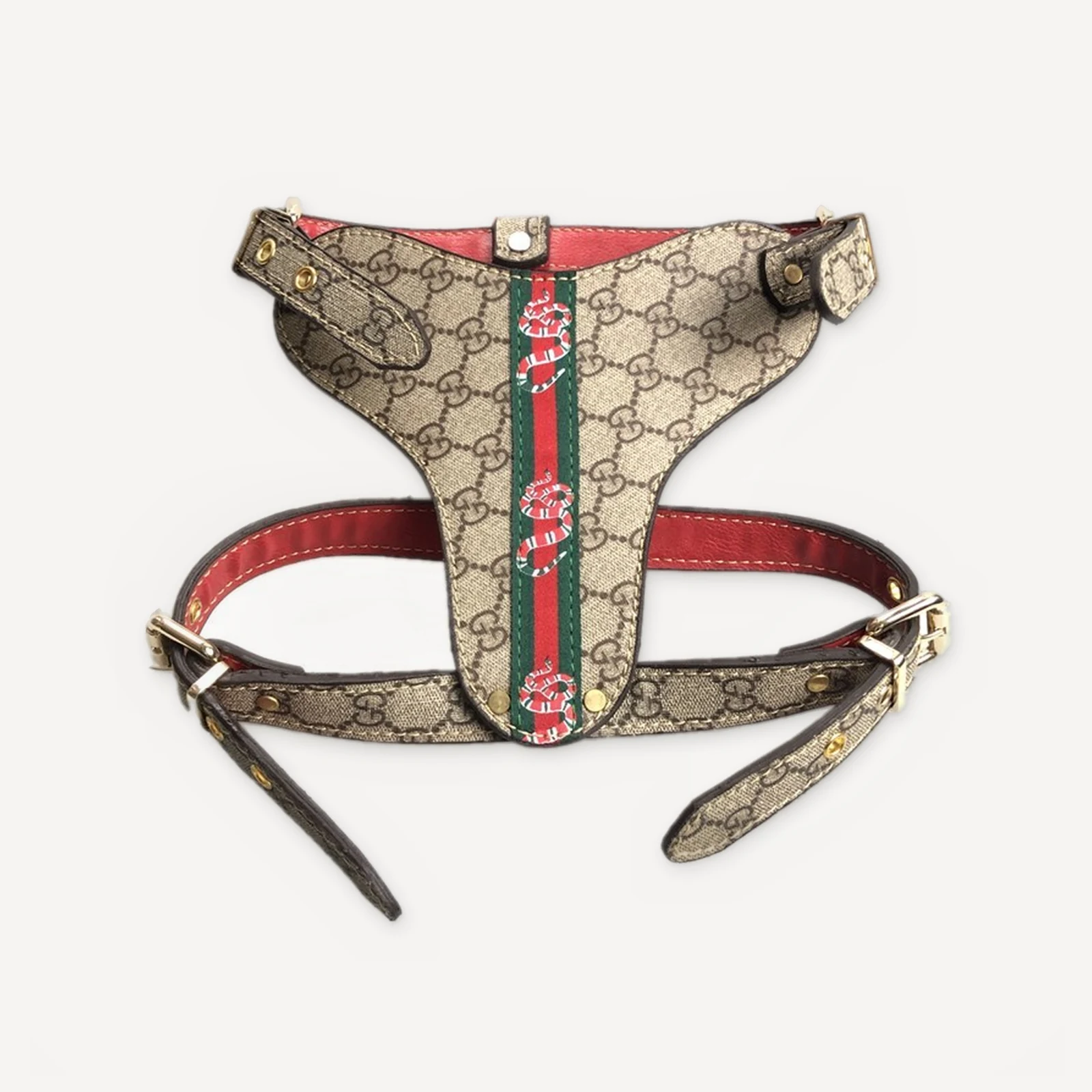 Khaki Gucci inspired leather dog harness, Pawcci Serpent Canvas Leather Walking Set