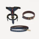Blue Gucci inspired leather dog harness, collar and leash set, Pawcci Studded Serpent Leather Walking Set