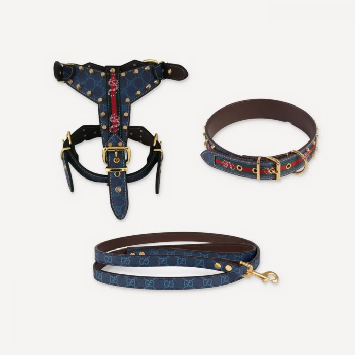 Blue Gucci inspired leather dog harness, collar and leash set, Pawcci Studded Serpent Leather Walking Set