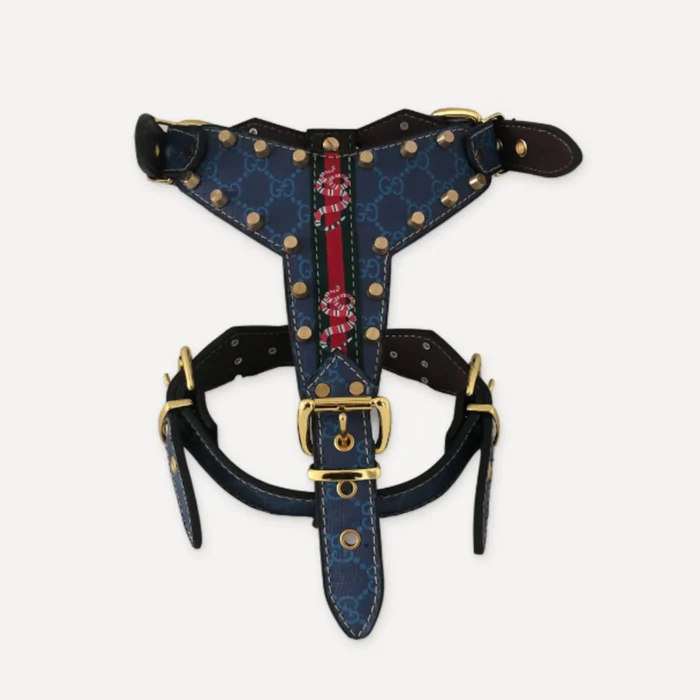 Blue Gucci inspired leather dog harness, Pawcci Studded Serpent Leather Walking Set