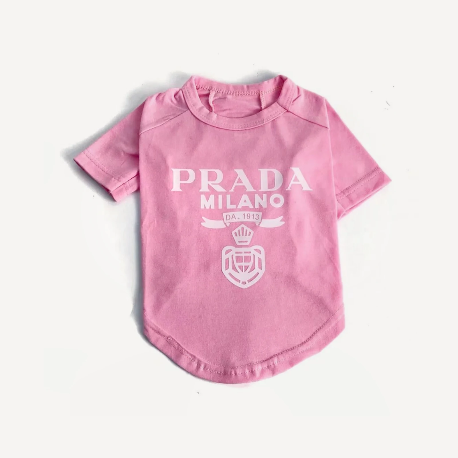 Pink Pawda Milano dog tee with white logo print and shield crest design