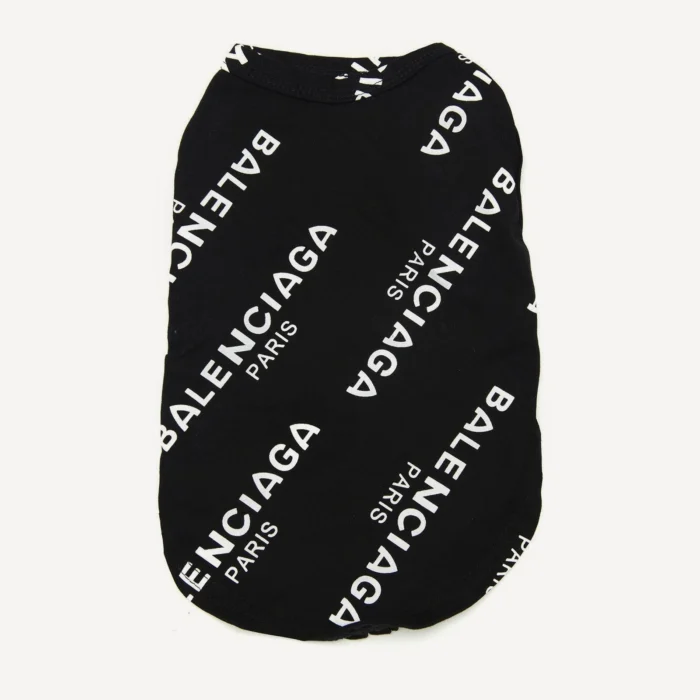 Black sleeveless dog tee with all-over Pawlenciaga Paris logo print Balenciaga inspired