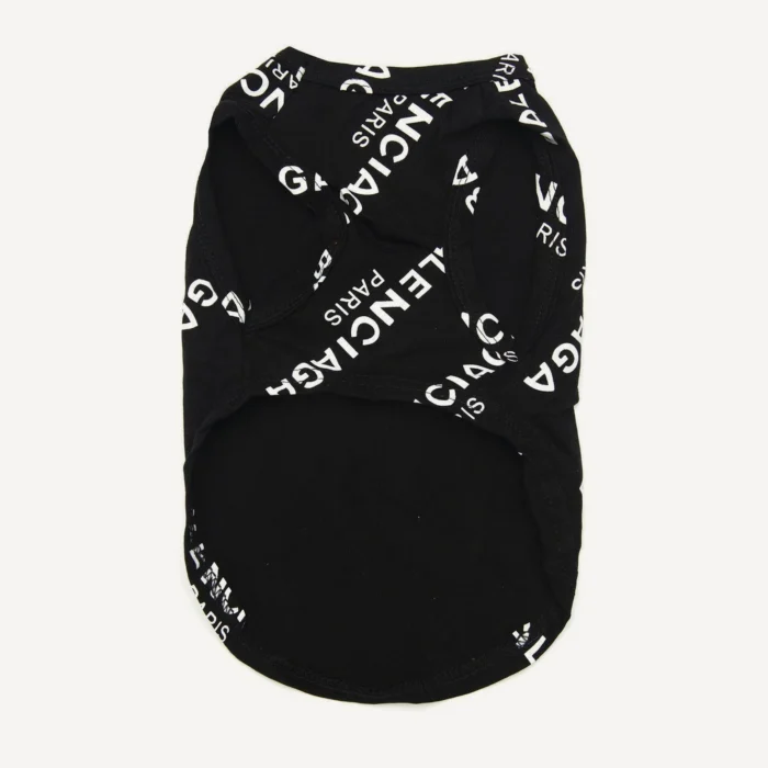 Back view of black Pawlenciaga logo print sleeveless dog tee