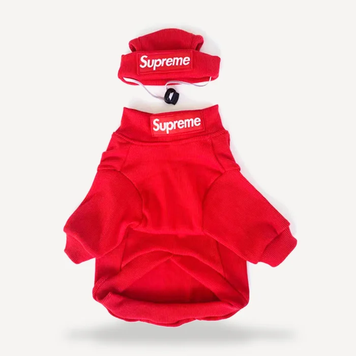 Red ribbed dog hoodie and matching hat Supreme inspired with box logo