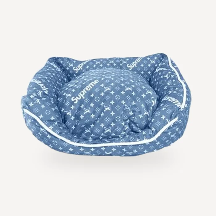 Blue dog bed inspired by Supreme x Louis Vuitton view 3