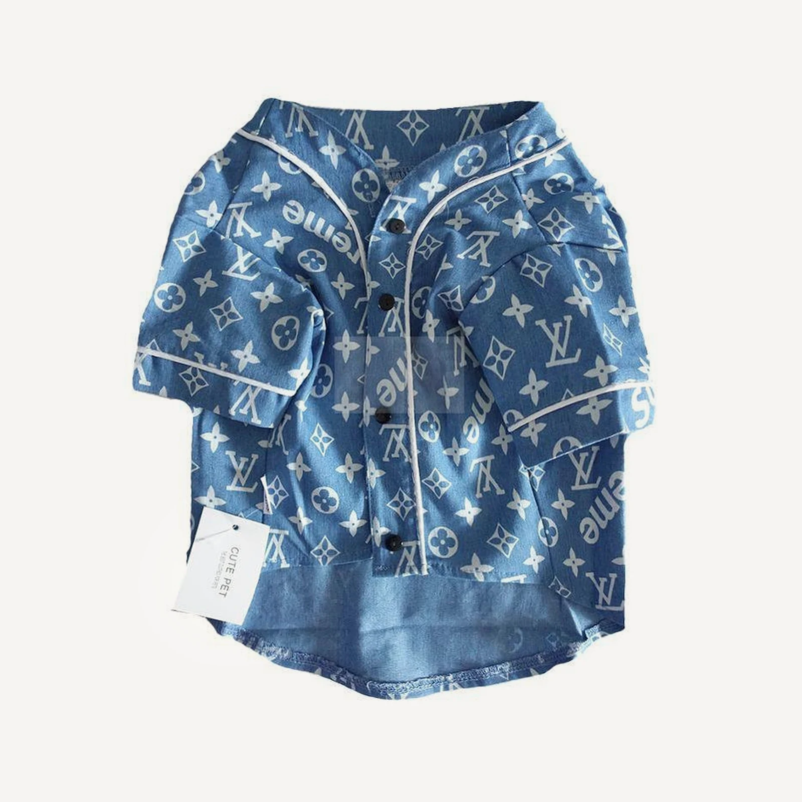 Denim Button-Up dog apparel inspired by Supreme x Louis Vuitton view 4