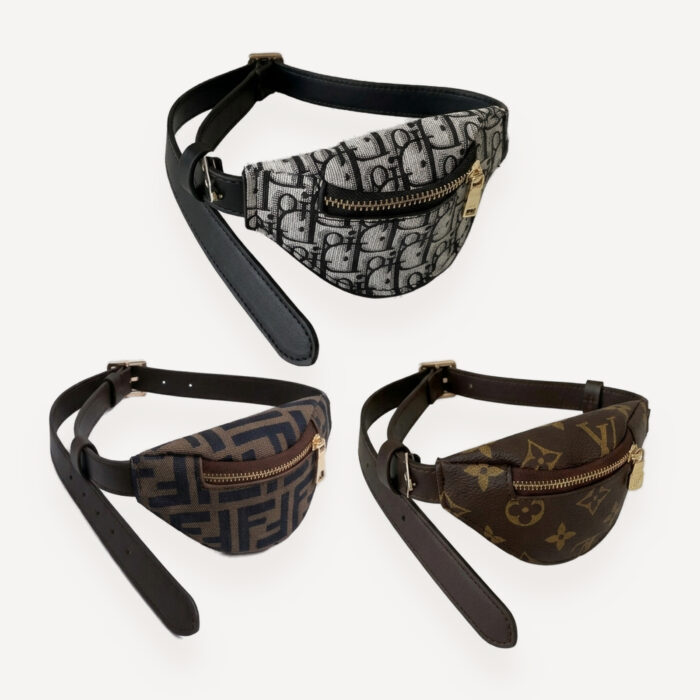 Three dog bum bags in Dior, Fendi and Louis Vuitton style monogram prints, designer-style dog accessories