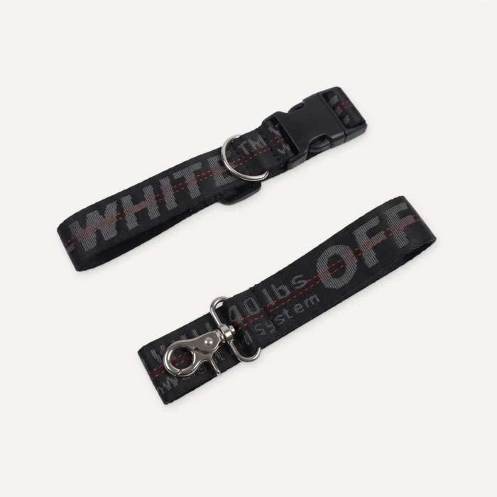 Woof-White Dog Collar & Leash Set in black industrial webbing — collar with black side-release buckle and matching leash with silver snap hook