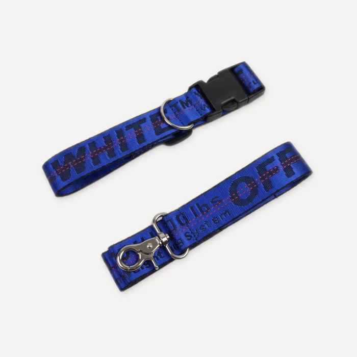 Woof-White Dog Collar & Leash Set in royal blue industrial webbing — collar with black side-release buckle and matching leash with silver snap hook
