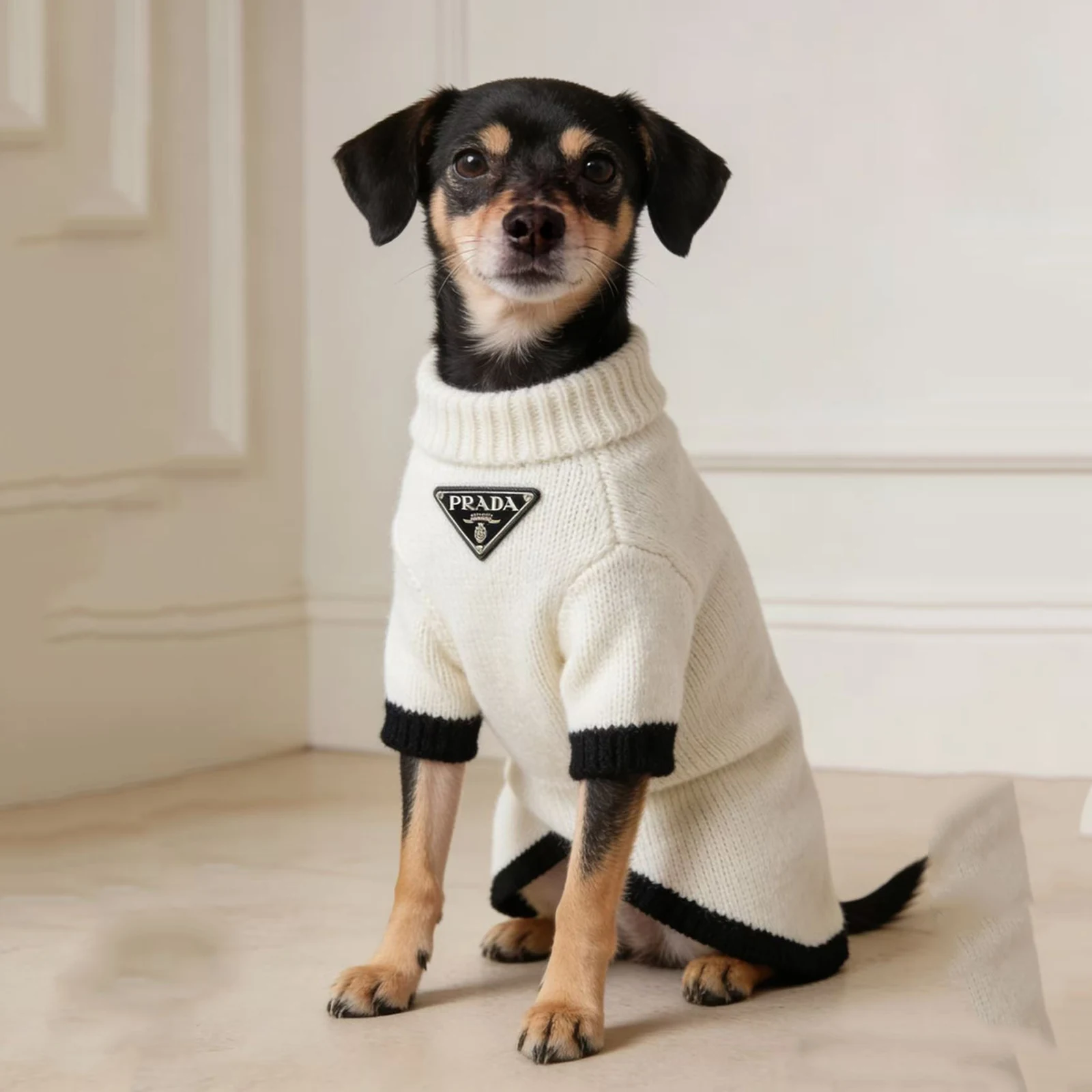 Pawda Triangle Badge Sweater on a dog