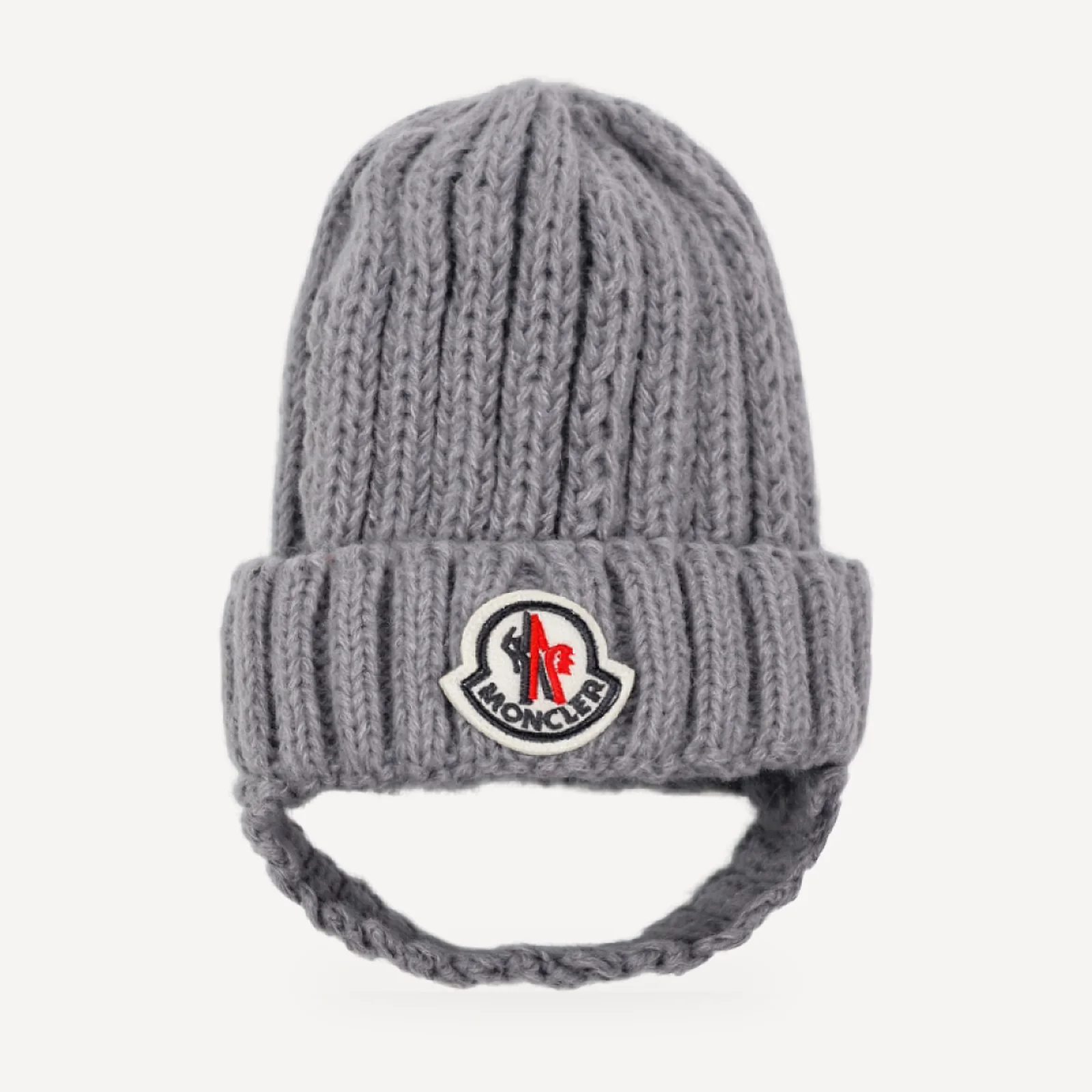 Chunky Knit dog beanie inspired by Moncler, grey, front view
