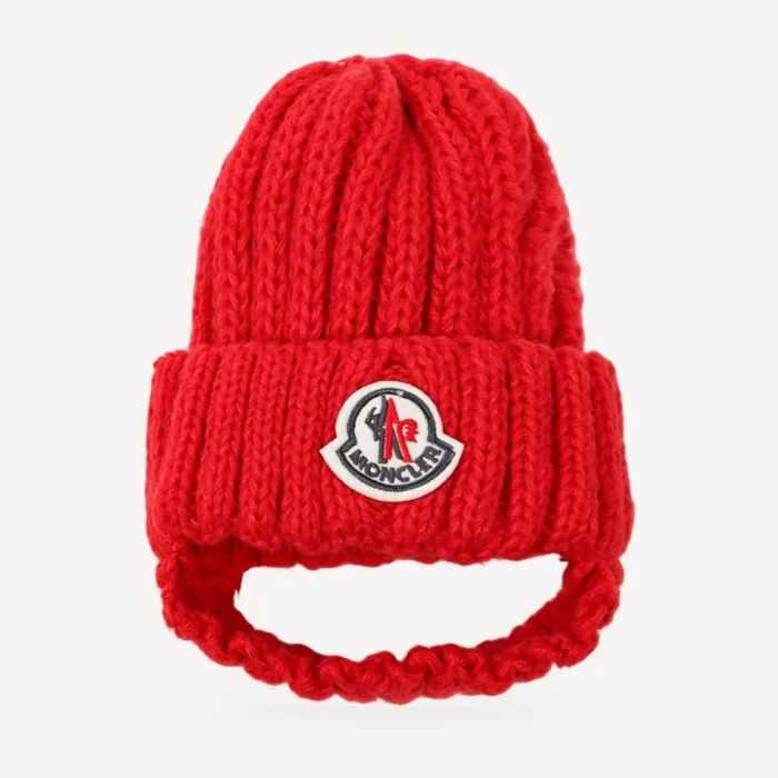 Chunky Knit dog beanie inspired by Moncler, red, front view