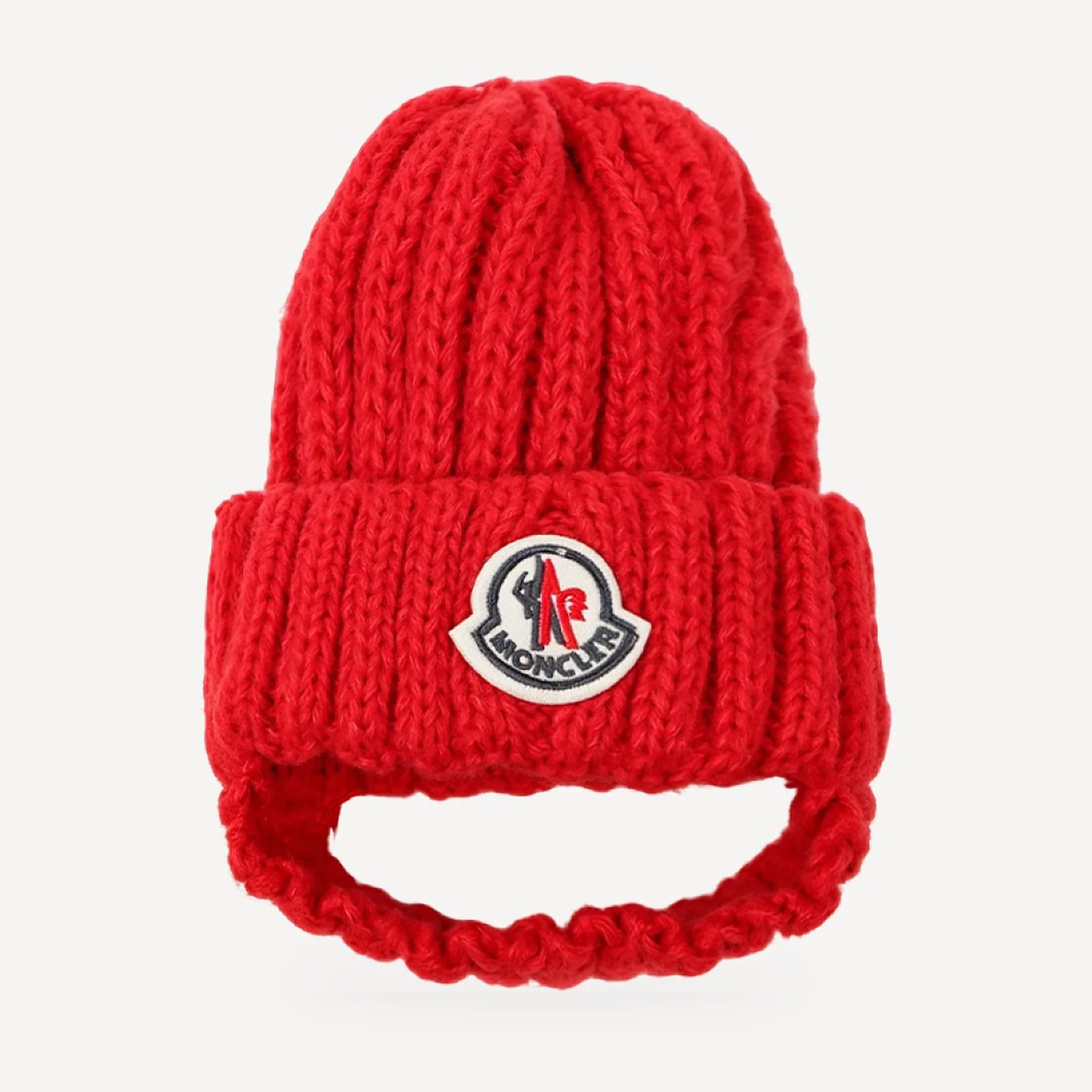 Chunky Knit dog beanie inspired by Moncler, red, front view