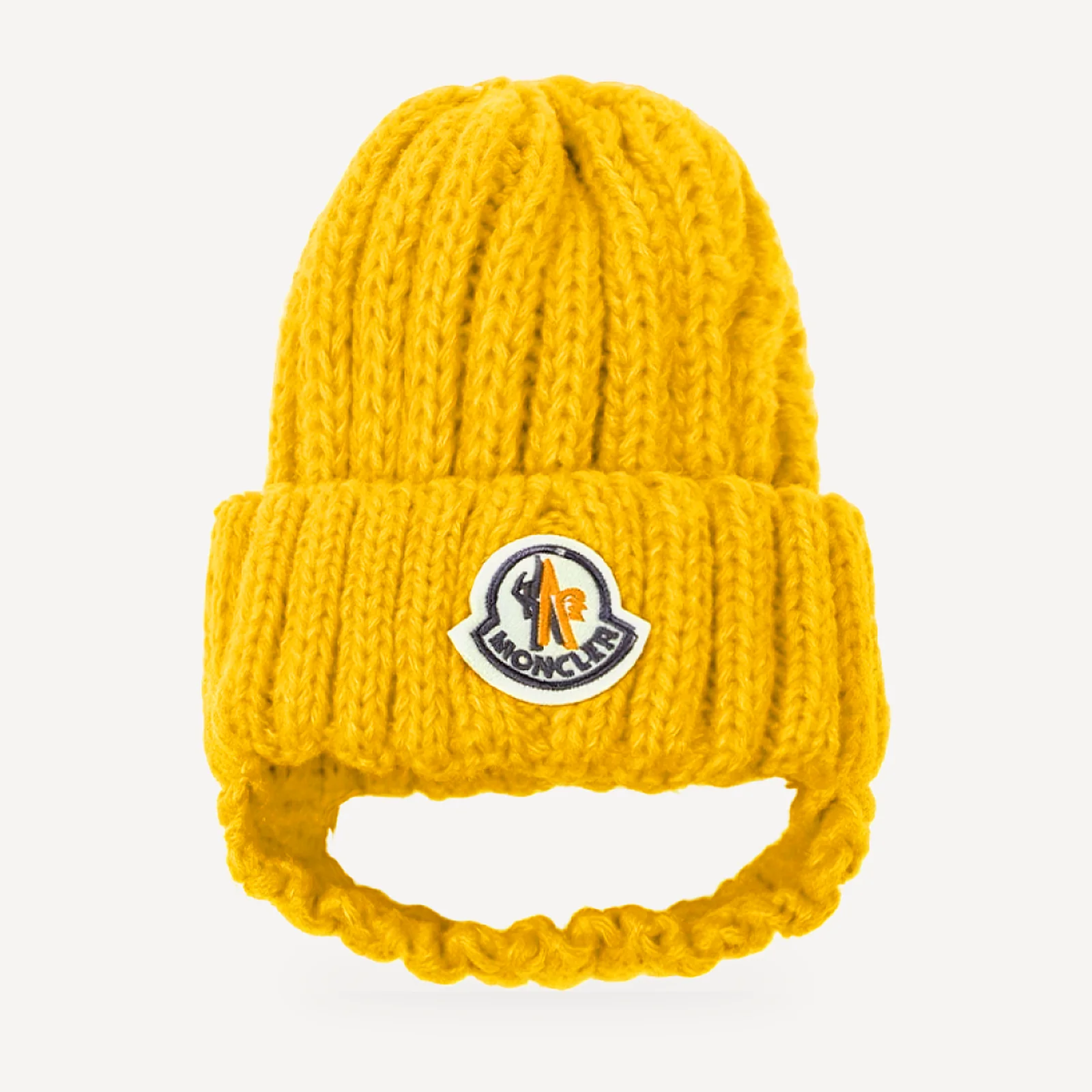 Chunky Knit dog beanie inspired by Moncler, yellow, front view