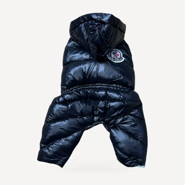 Puffer dog puffer snowsuit inspired by Moncler, black, back view