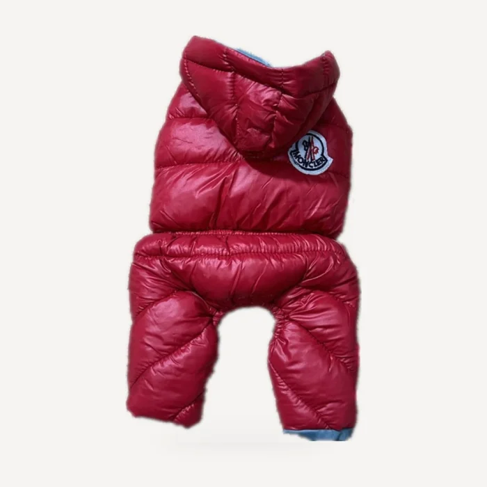 Puffer dog puffer snowsuit inspired by Moncler, red, back view