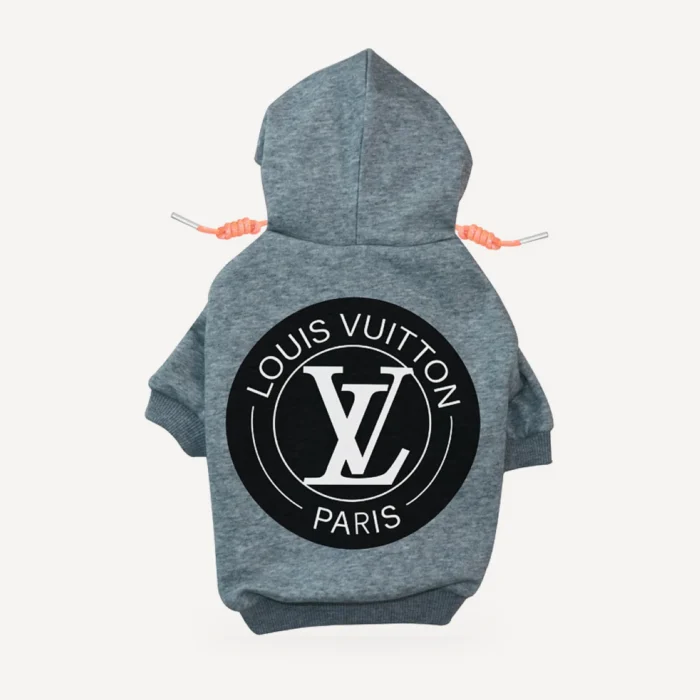 Circle Logo dog hoodie inspired by Louis Vuitton, grey, back view