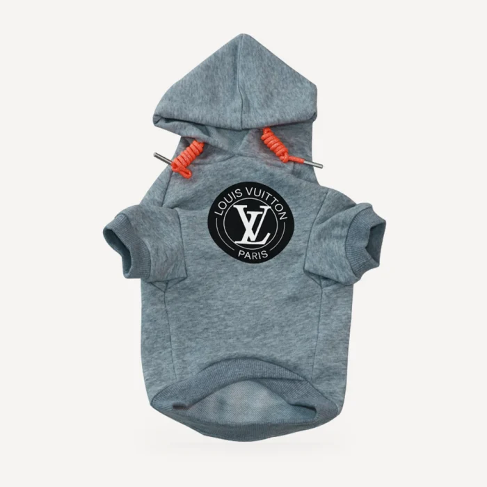 Circle Logo dog hoodie inspired by Louis Vuitton, grey, front view
