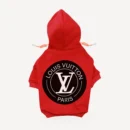Circle Logo dog hoodie inspired by Louis Vuitton, red, back view