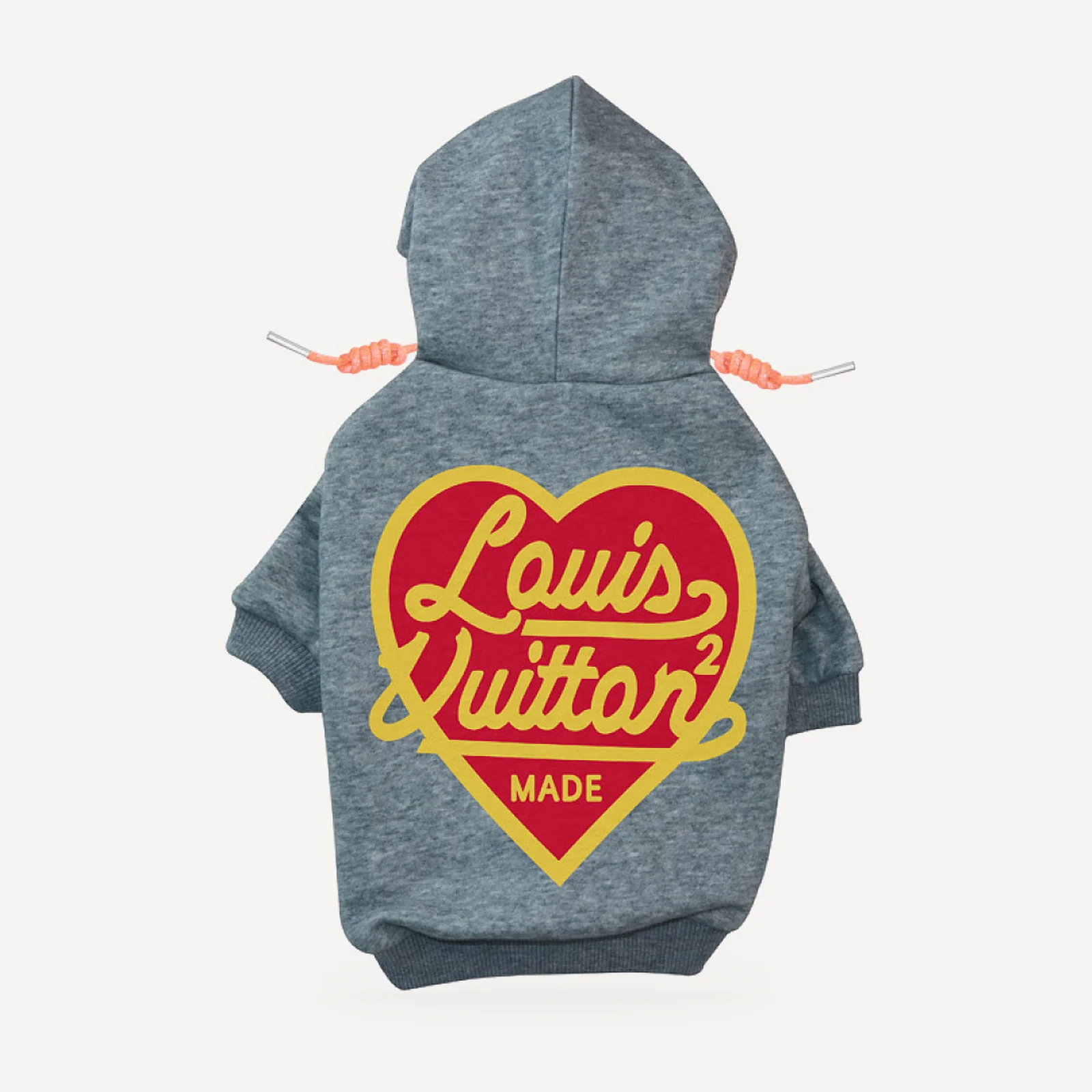 Heart Logo dog hoodie inspired by Louis Vuitton, grey, back view