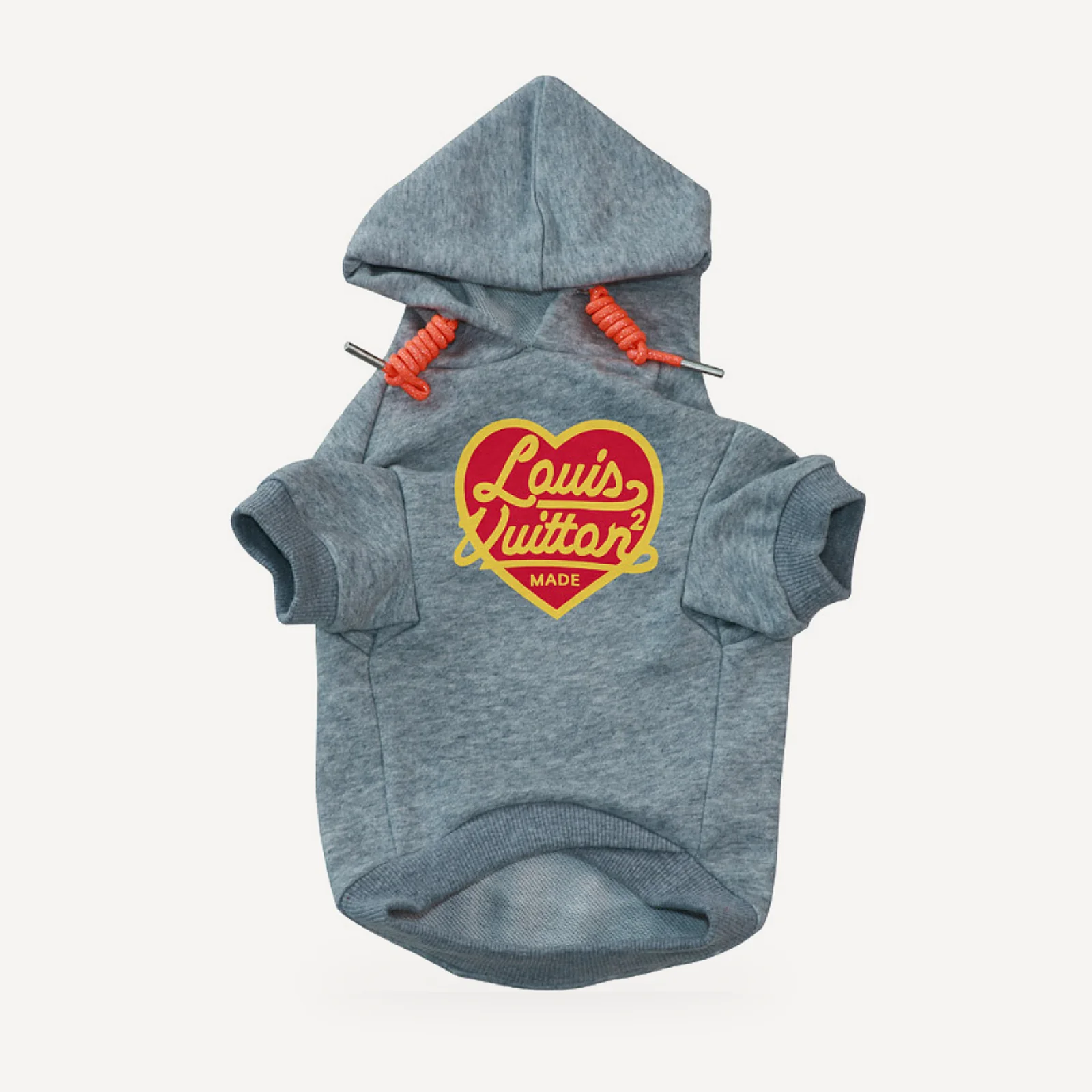 Heart Logo dog hoodie inspired by Louis Vuitton, grey, front view