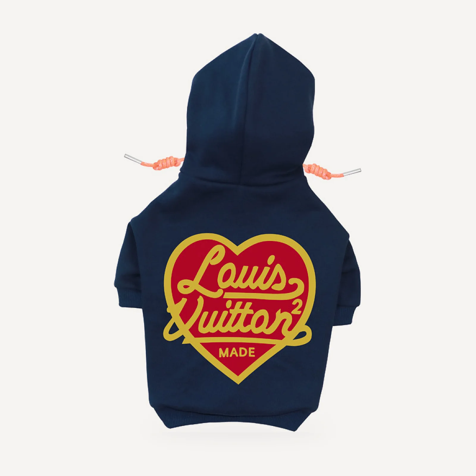 Heart Logo dog hoodie inspired by Louis Vuitton, navy blue, back view