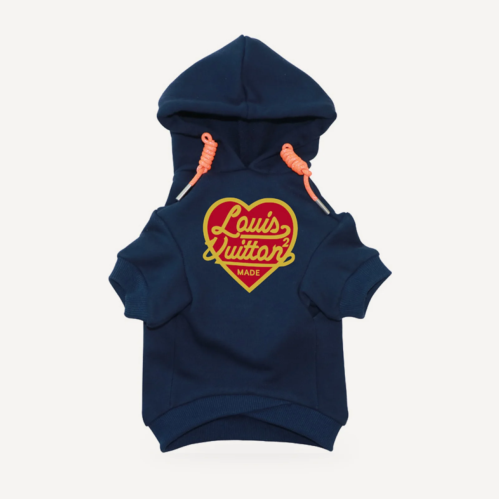 Heart Logo dog hoodie inspired by Louis Vuitton, navy blue, front view