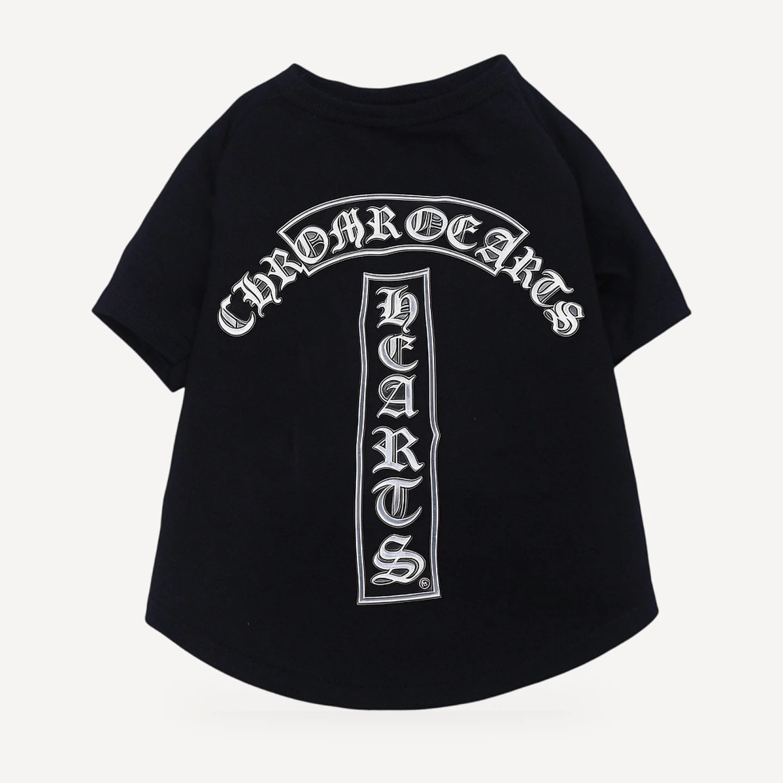 Arch Logo dog tee inspired by Chrome Hearts, black, back view