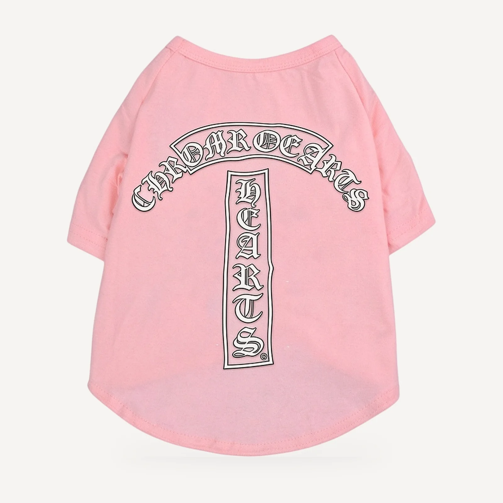 Arch Logo dog tee inspired by Chrome Hearts, pink, back view
