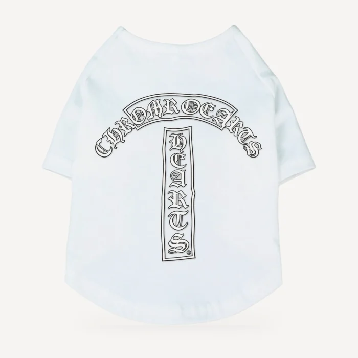 Arch Logo dog tee inspired by Chrome Hearts, white, back view