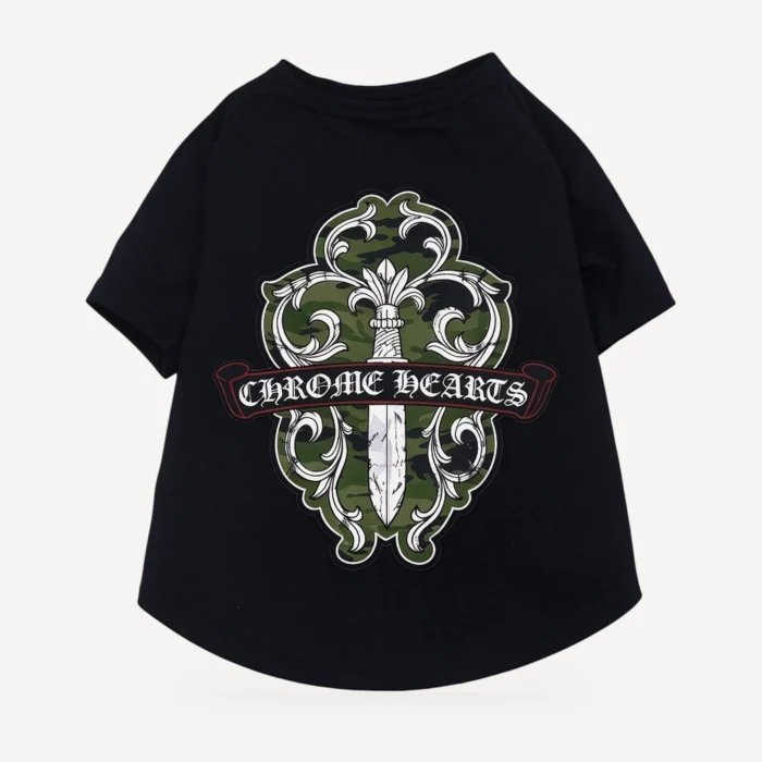 Camo Dagger dog tee inspired by Chrome Hearts, black, back view