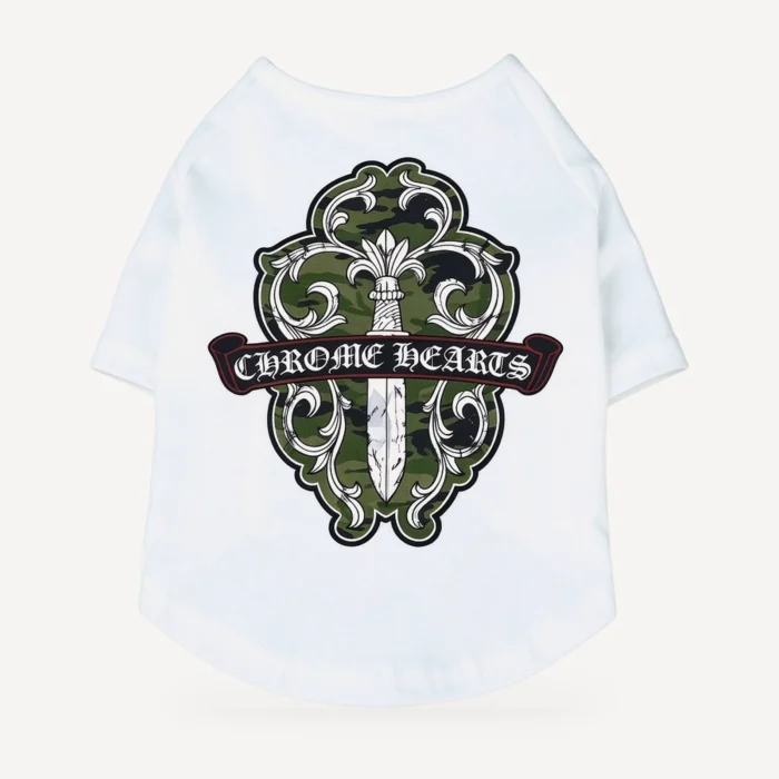 Camo Dagger dog tee inspired by Chrome Hearts, white, back view