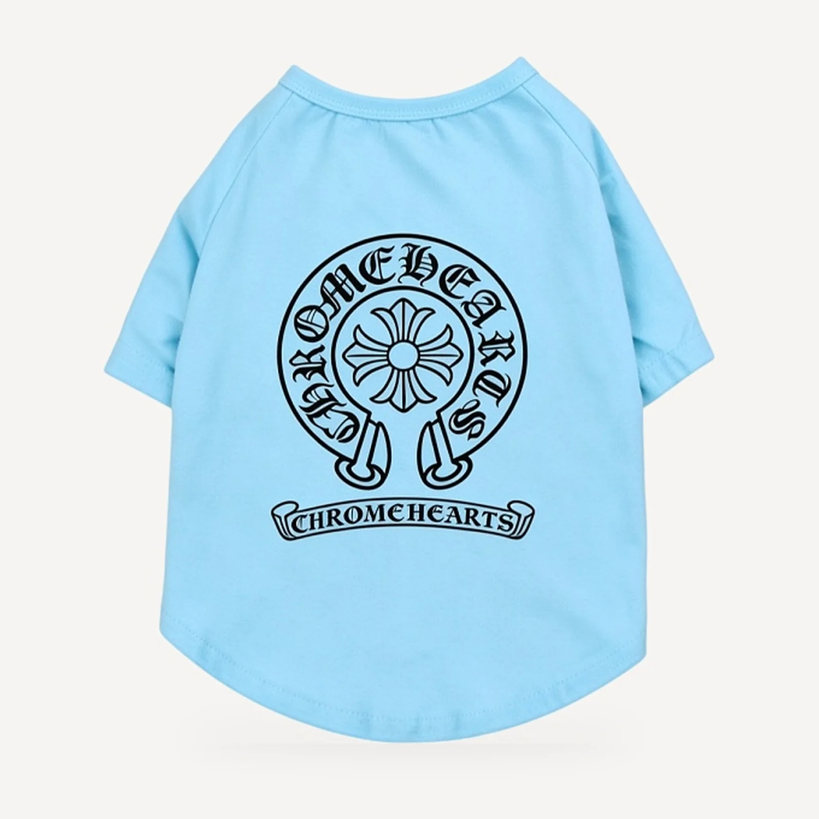 Classic Horseshoe dog tee inspired by Chrome Hearts, light blue, back view