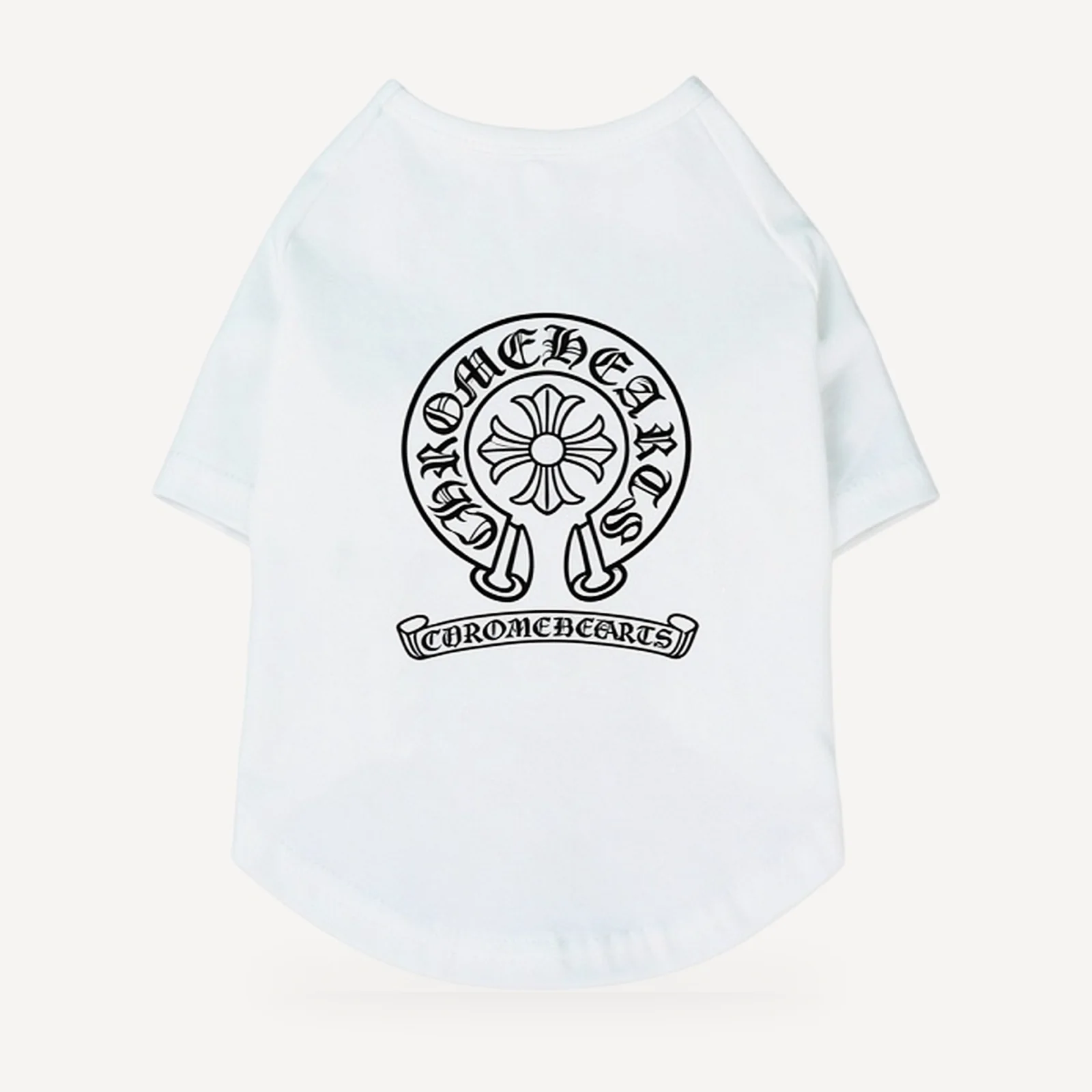 Classic Horseshoe dog tee inspired by Chrome Hearts, white, back view