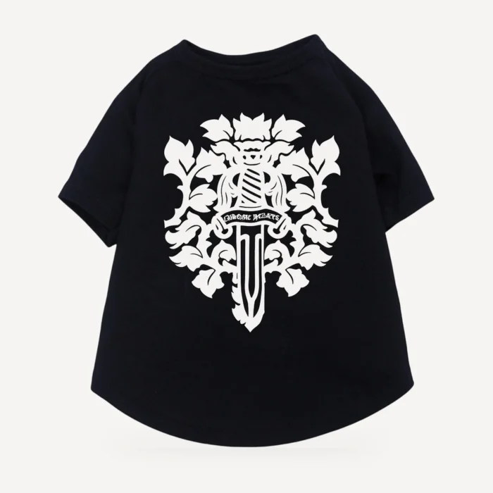 Floral Dagger dog tee inspired by Chrome Hearts, black, back view