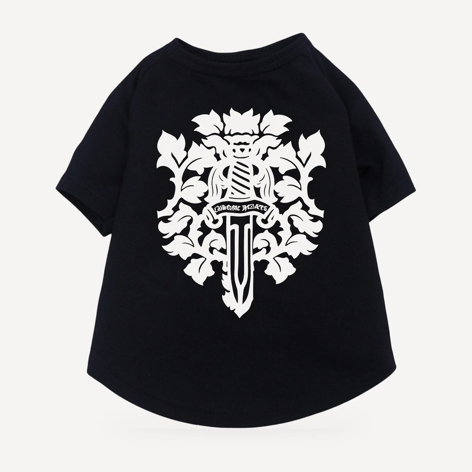 Floral Dagger dog tee inspired by Chrome Hearts, black, back view