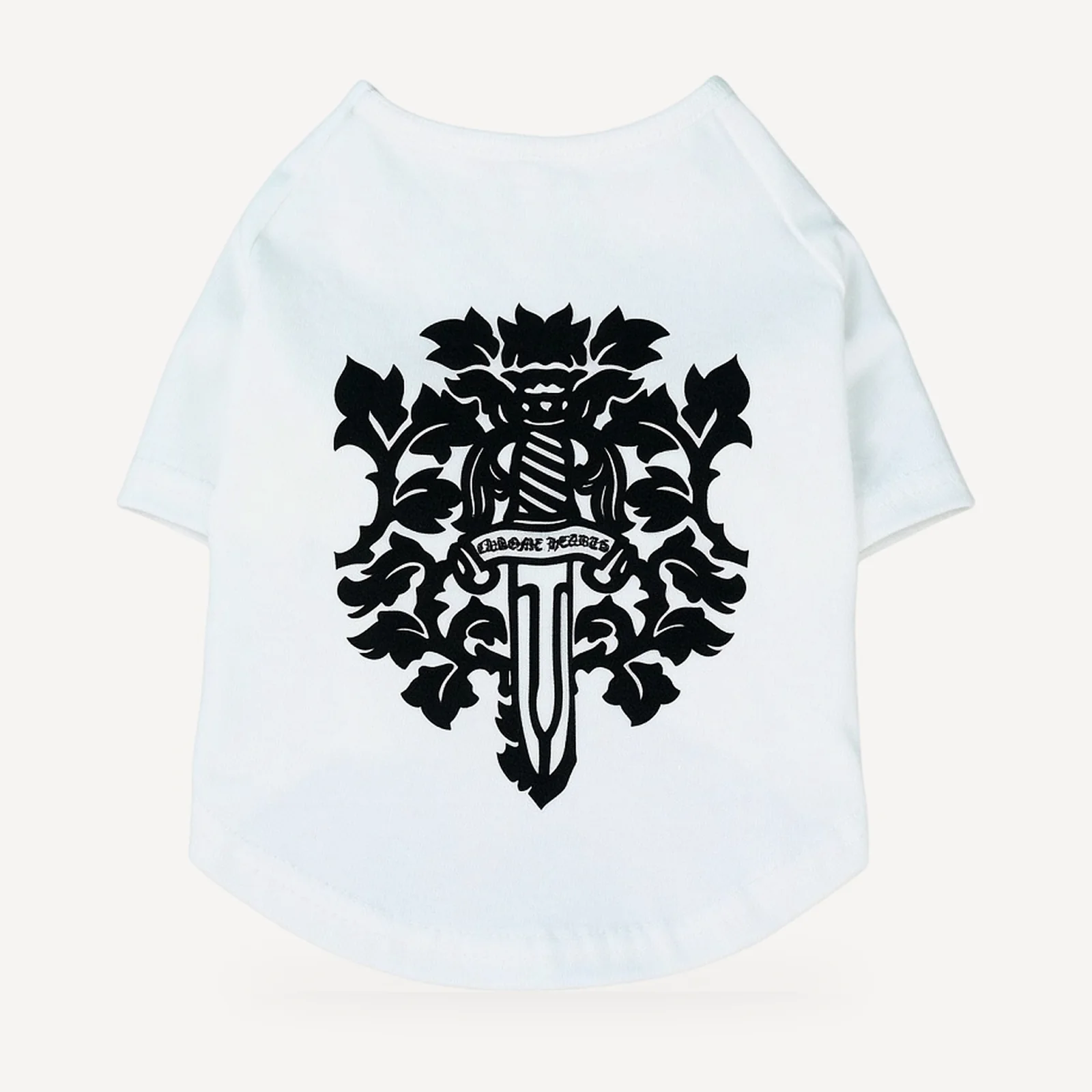 Floral Dagger dog tee inspired by Chrome Hearts, white, back view