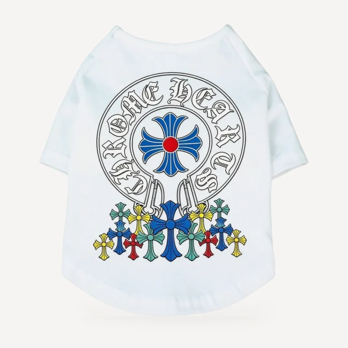 Multi Cross dog tee inspired by Chrome Hearts, white, back view
